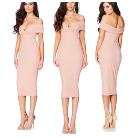 Nookie Athena Off Shoulder Halter Midi Dress Sz SMALL in Blush - Picture 1 of 3
